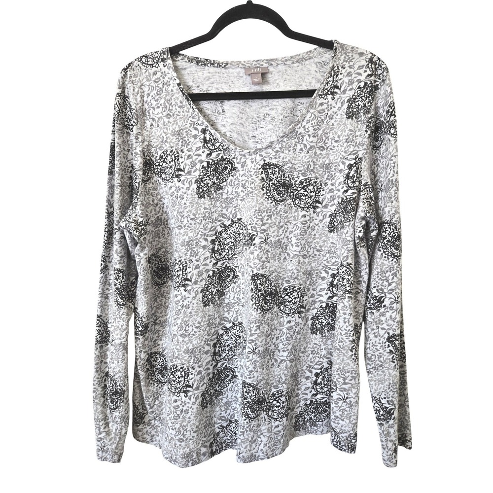 J. Jill Womens L Top Grey Black Butterfly Paisley Floral Cotton V-Neck Slub